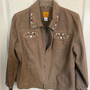 Artsy vintage Brown bejeweled zip up Jacket